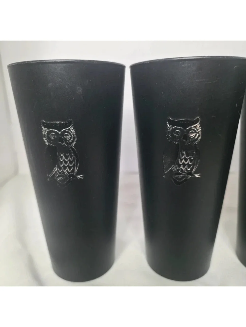 Vintage 1970s Black Owl Plastic Tumblers Set of 6 Retro MCM Gold Owl